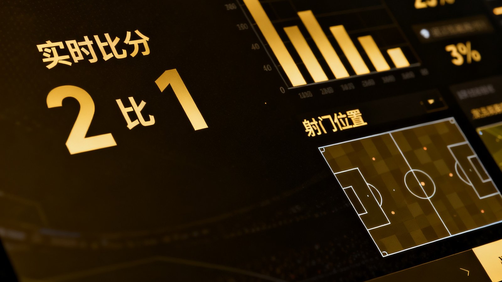 高清足球赛事数据仪表盘界面截图，左侧显示实时比分2比1，右侧排列双方球队的控球率柱状图、传球成功率百分比和射门位置分布图，界面以深色主题设计搭配金色数据高亮，底部滚动显示其他同时进行赛事的迷你比分条