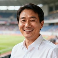 一位约35岁的亚洲男性用户头像照片，身穿白色衬衫，面带微笑，背景为模糊的体育场馆内景